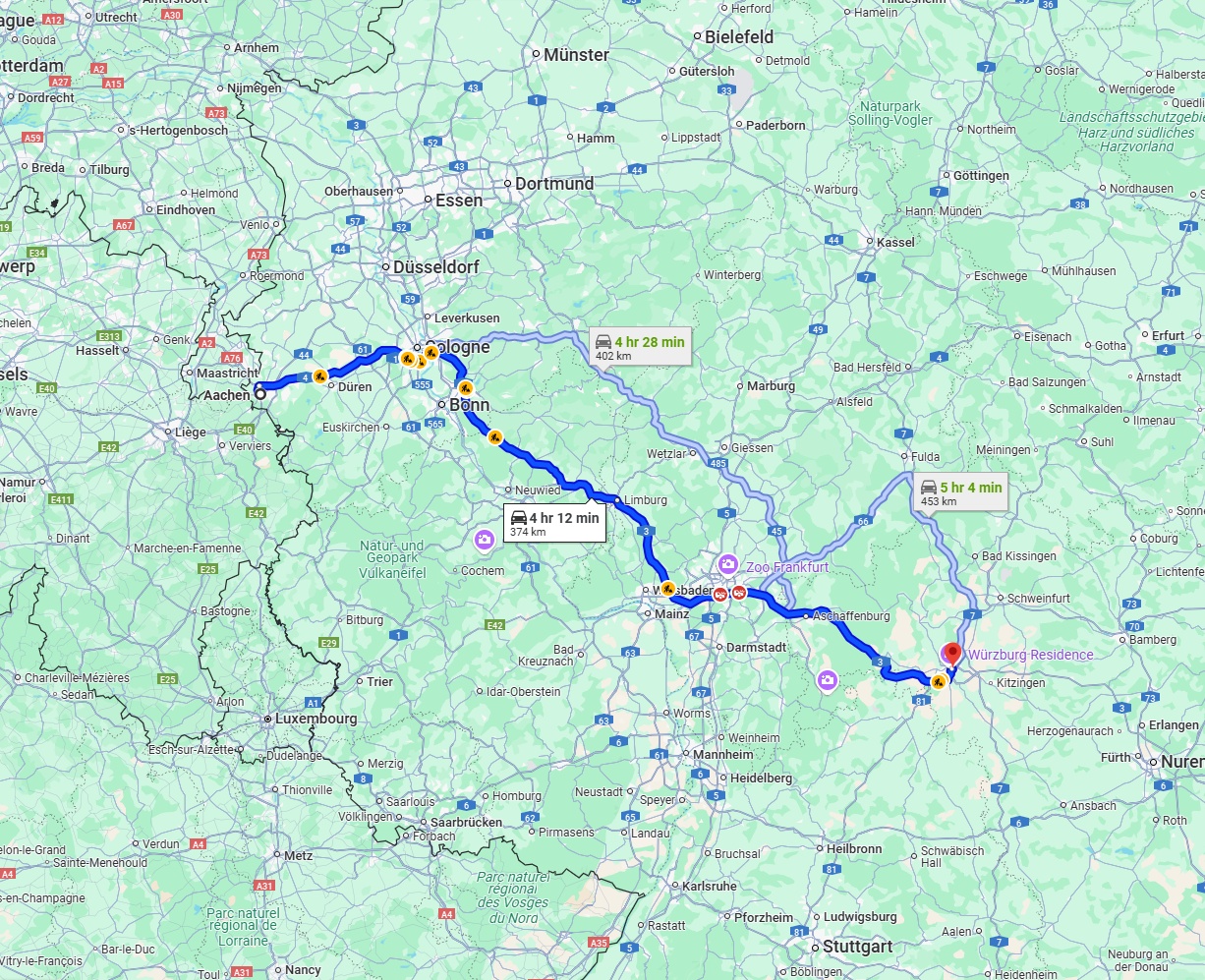 Anreise von Aachen Zu Würzburg Über via A3