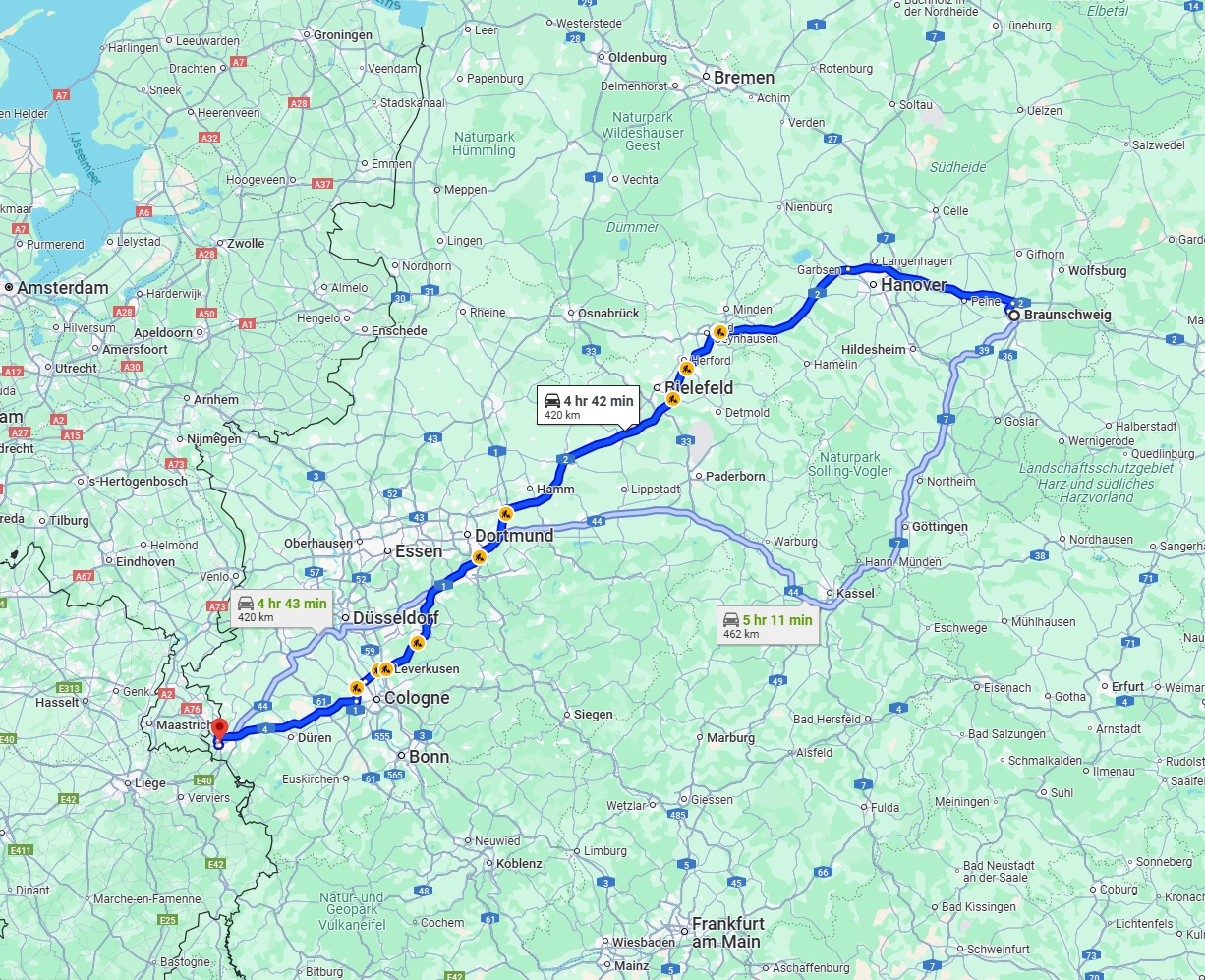 Anreise von Braunschweig Zu Aachen Über via A2 and A1