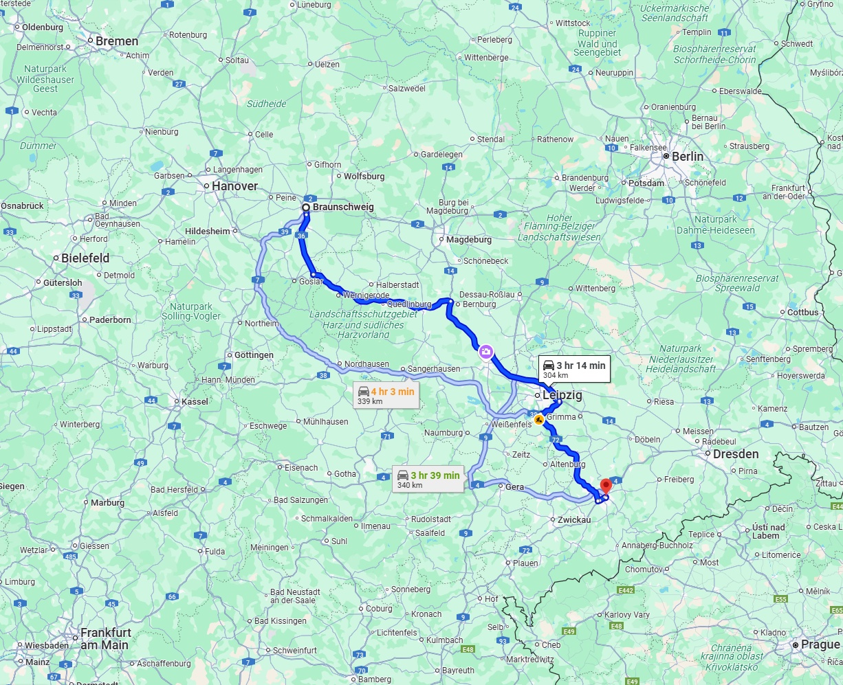 Anreise von Braunschweig Zu Chemnitz Über via A36 and A14