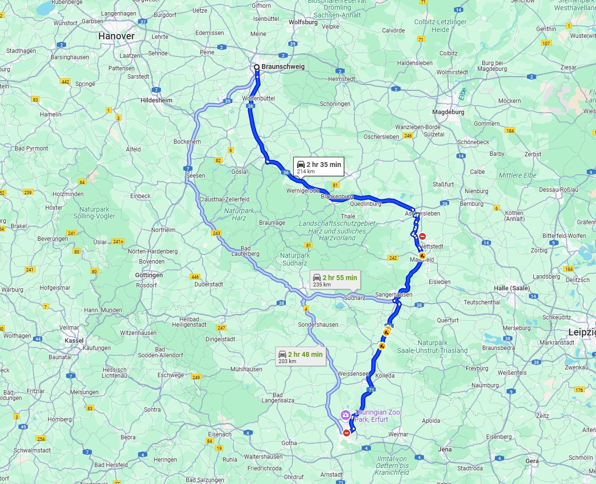 Anreise von Braunschweig Zu Erfurt Über via A36