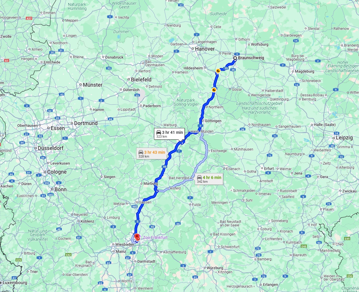 Anreise von Braunschweig Zu Frankfurt am Main Über via A7 and A49