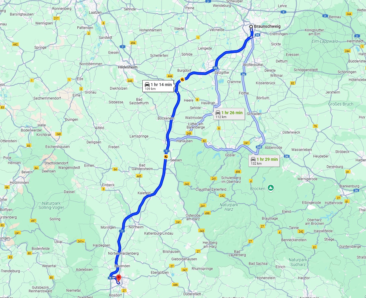 Anreise von Braunschweig Zu Göttingen Über via A39 and A7