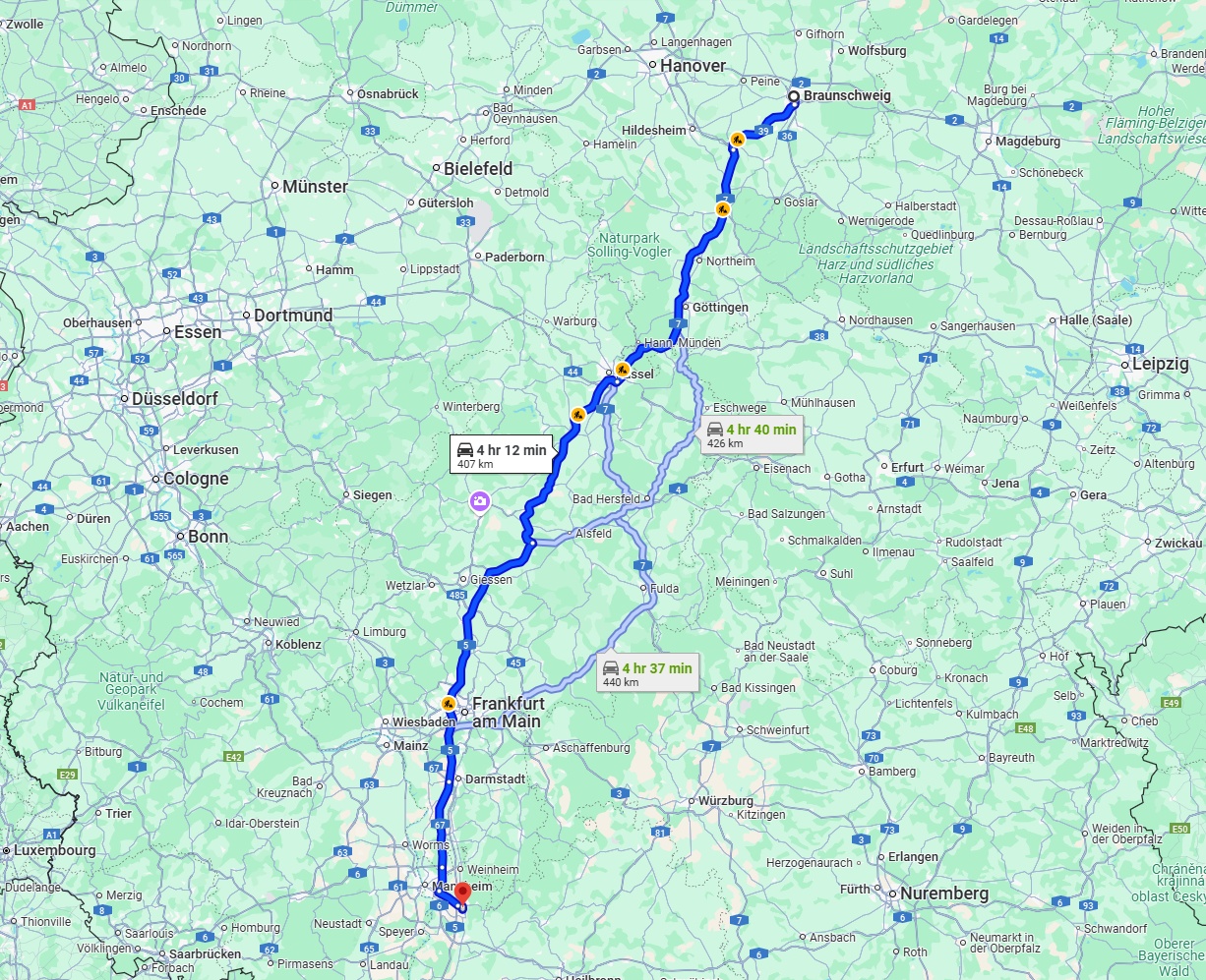 Anreise von Braunschweig Zu Heidelberg Über via A7 and A5