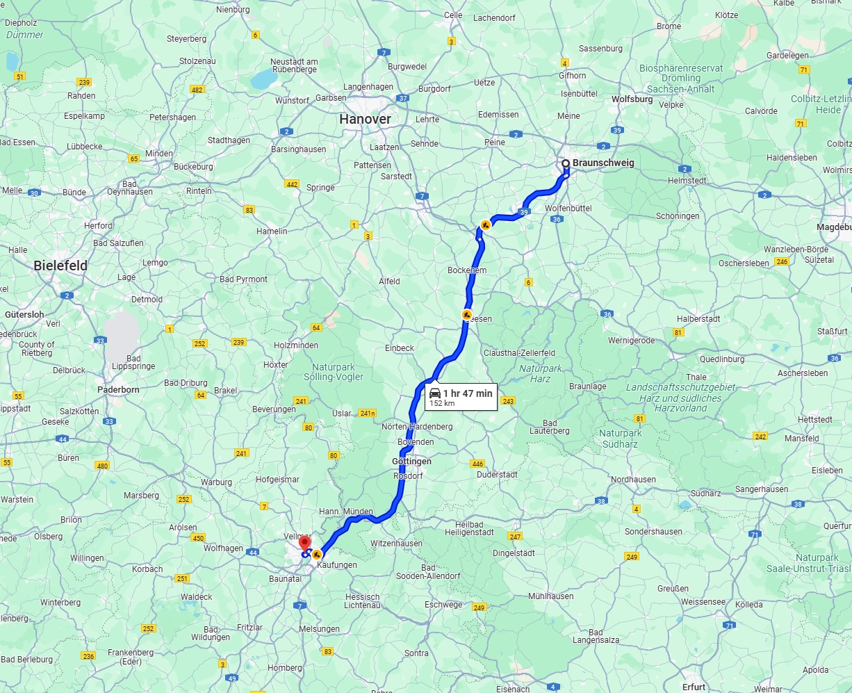 Anreise von Braunschweig Zu Kassel Über via A7