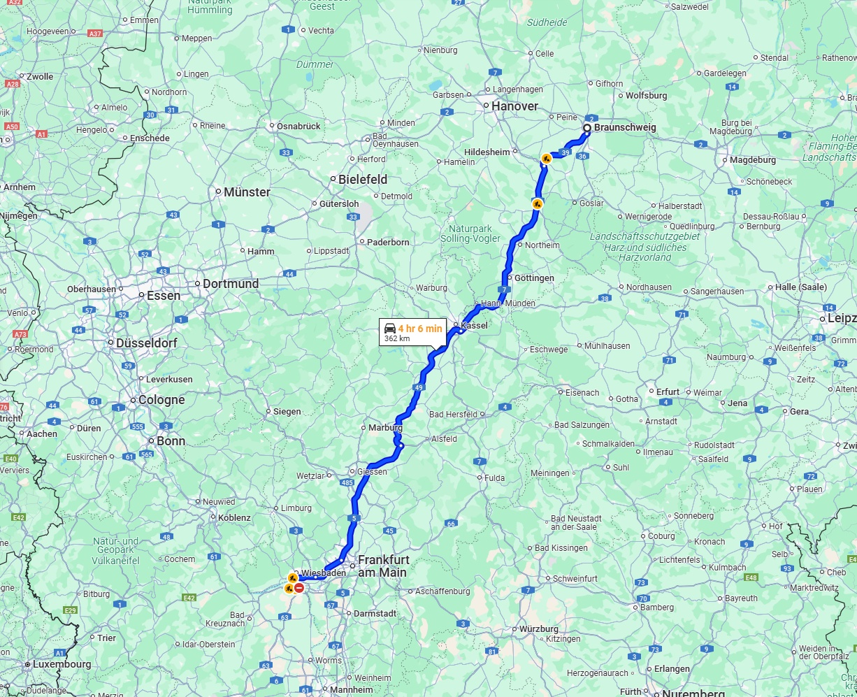 Anreise von Braunschweig Zu Mainz Über via A7