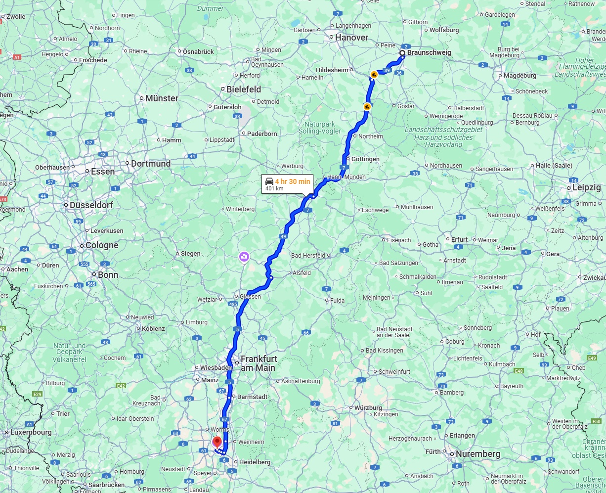 Anreise von Braunschweig Zu Mannheim Über via A7 and A5
