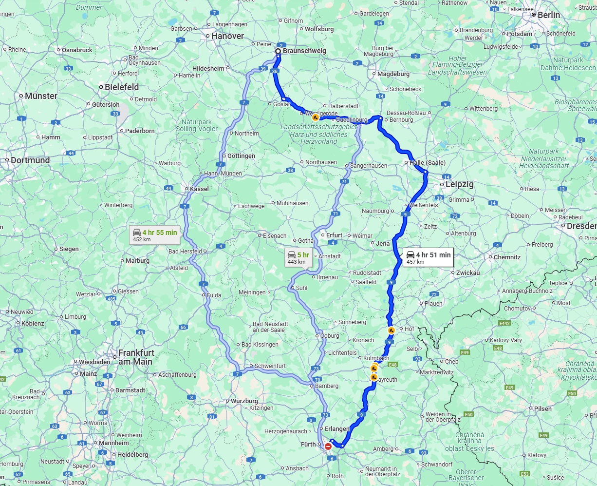 Anreise von Braunschweig Zu Nürnberg Über via A36 and A9