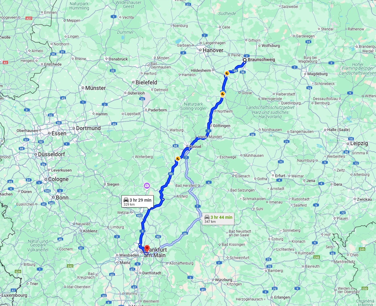 Anreise von Braunschweig Zu Offenbach am Main Über via A7 and A49