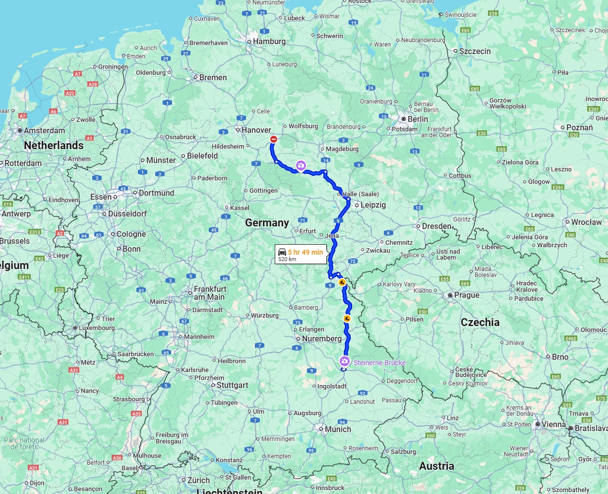 Anreise von Braunschweig Zu Regensburg Über via A9 and A93
