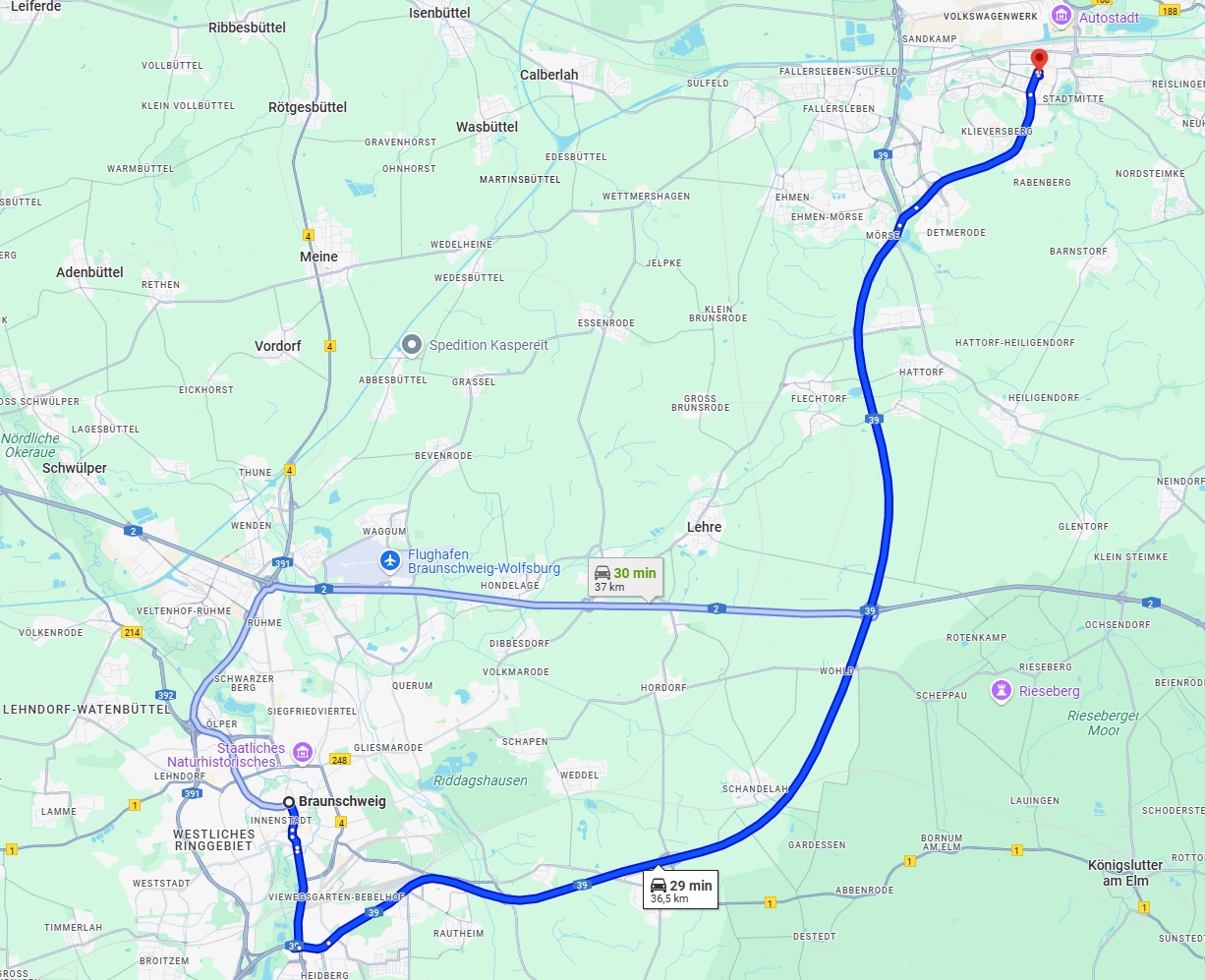 Anreise von Braunschweig Zu Wolfsburg Über via A39