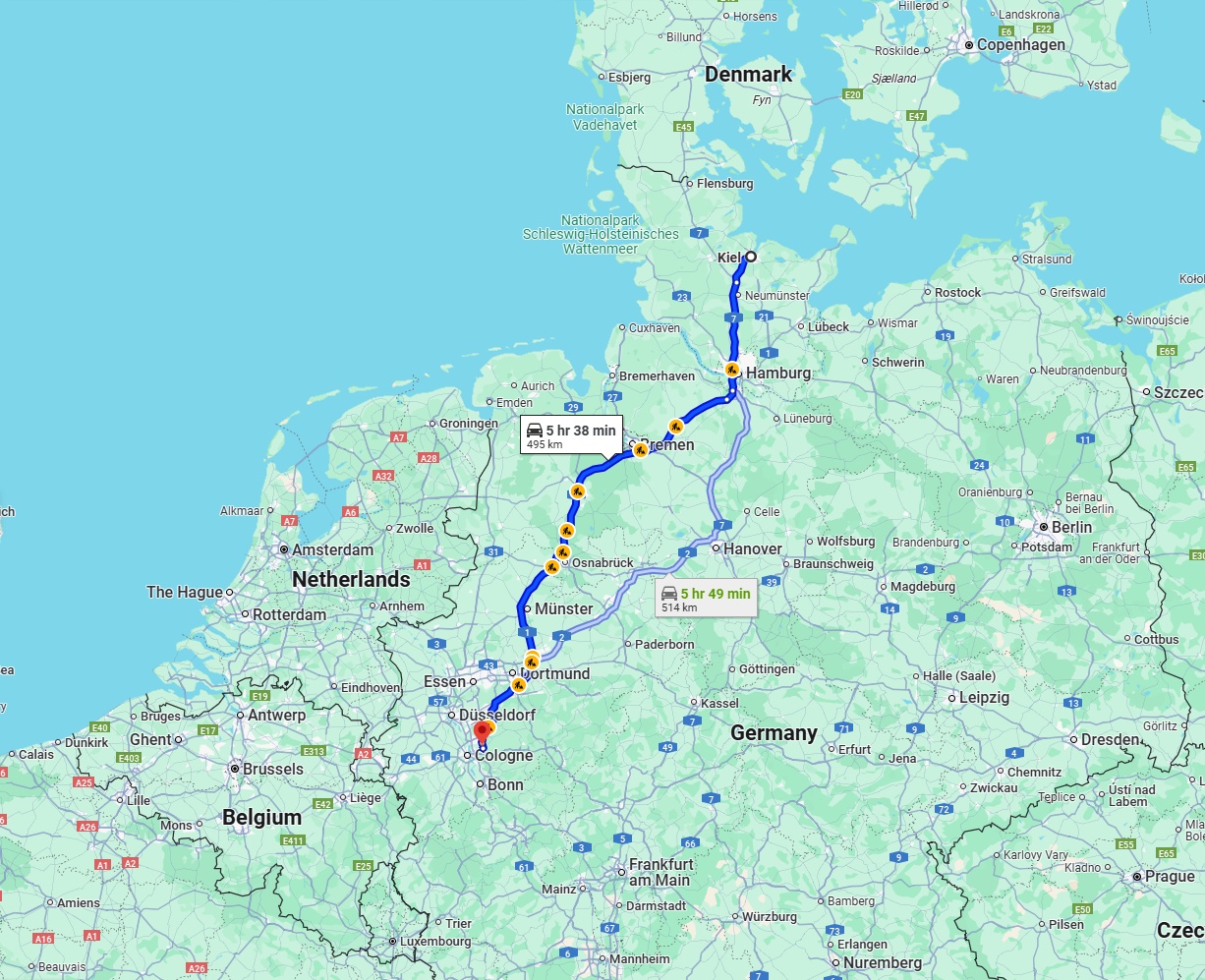 Anreise von Kiel Zu Bergisch Gladbach Über via A1