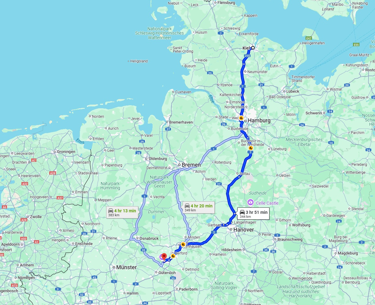 Anreise von Kiel Zu Bielefeld Über via A7 and A2