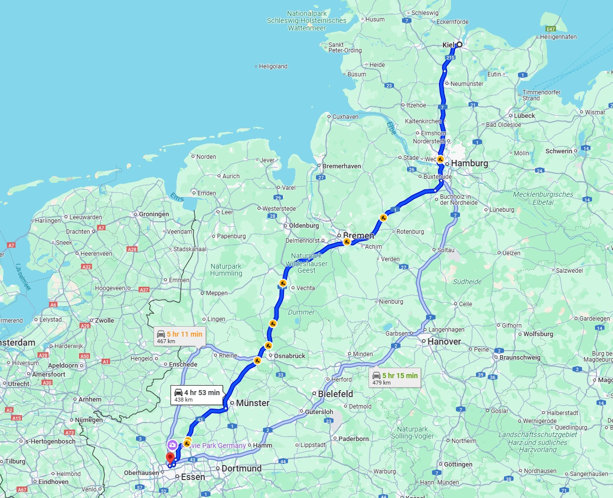 Anreise von Kiel Zu Bottrop Über via A1