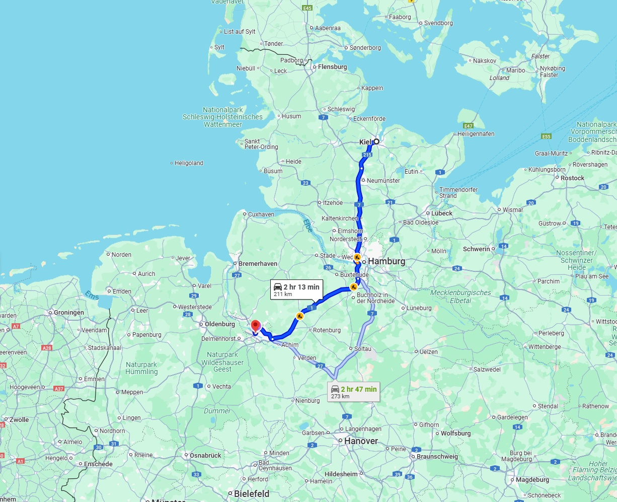 Anreise von Kiel Zu Bremen Über via A7 and A1