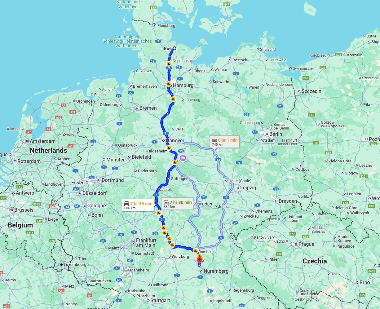 Anreise von Kiel Zu Erlangen Über via A7