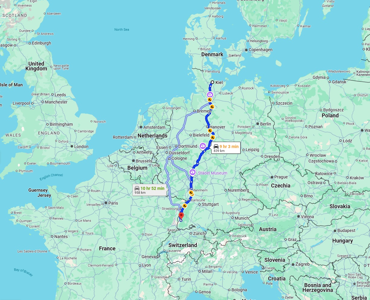 Anreise von Kiel Zu Freiburg im Breisgau Über via A7 and A5