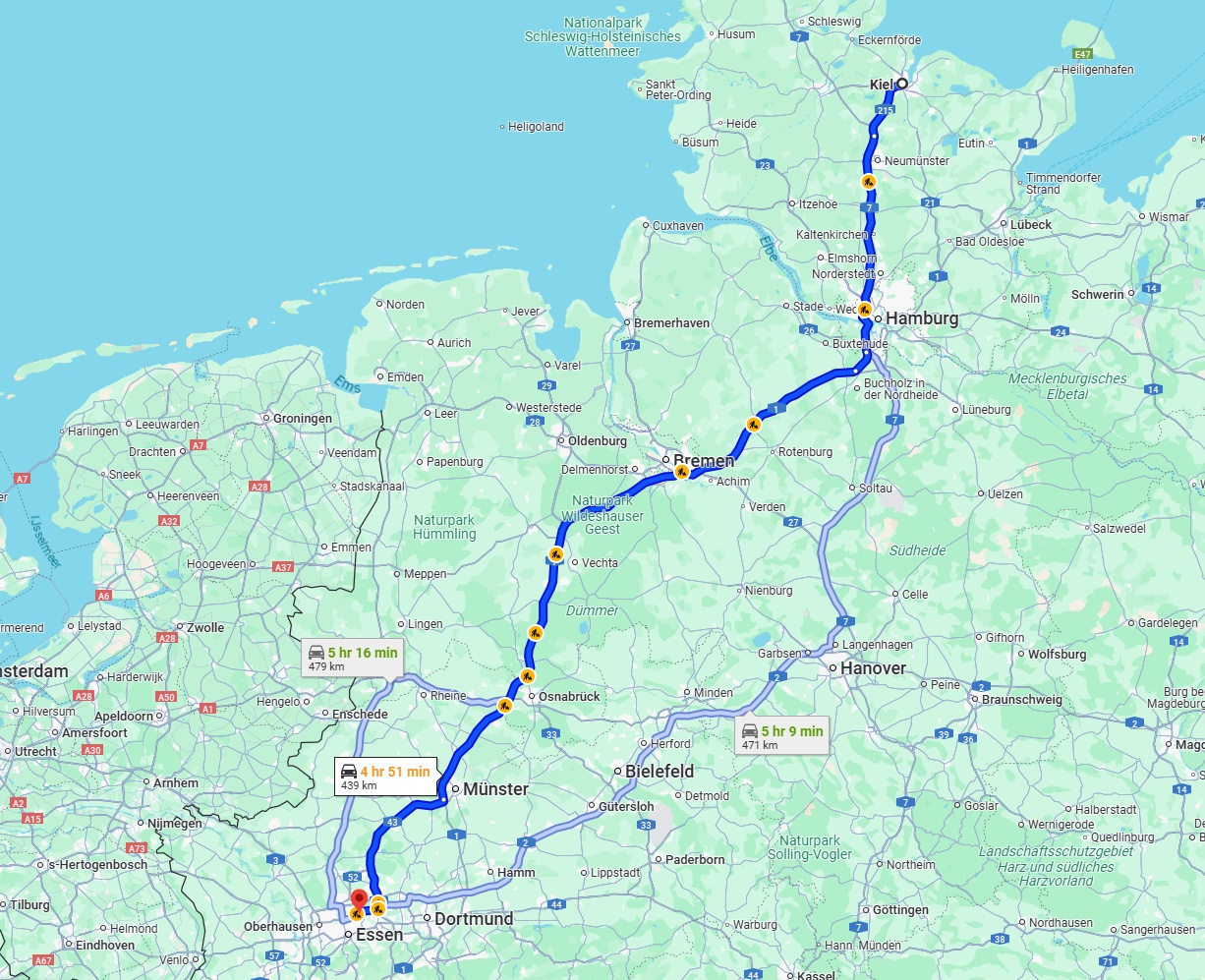 Anreise von Kiel Zu Gelsenkirchen Über via A1
