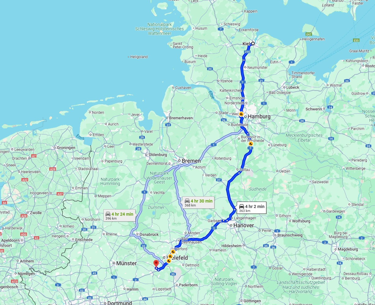 Anreise von Kiel Zu Gütersloh Über via A7 and A2