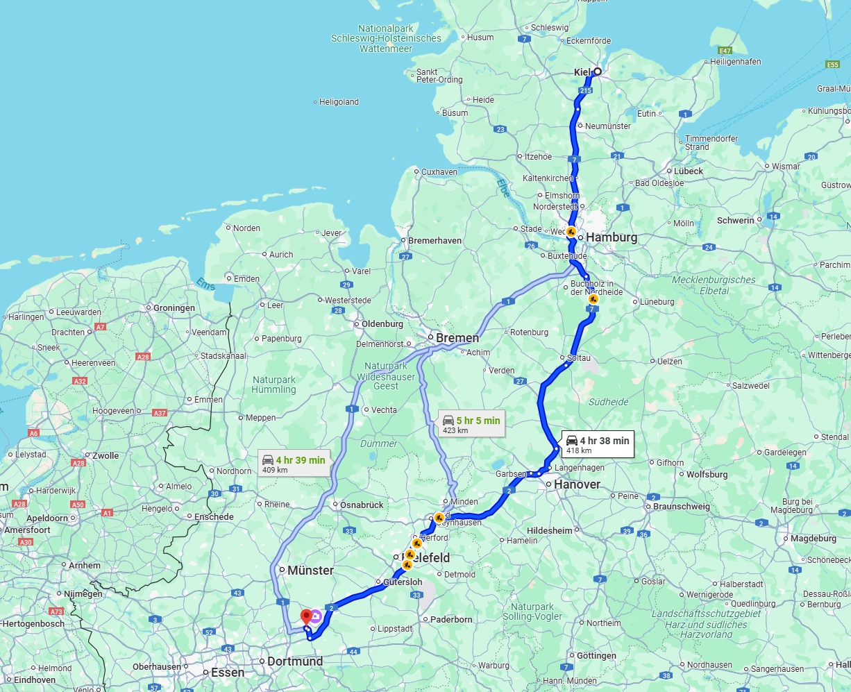 Anreise von Kiel Zu Hamm Über via A7 and A2