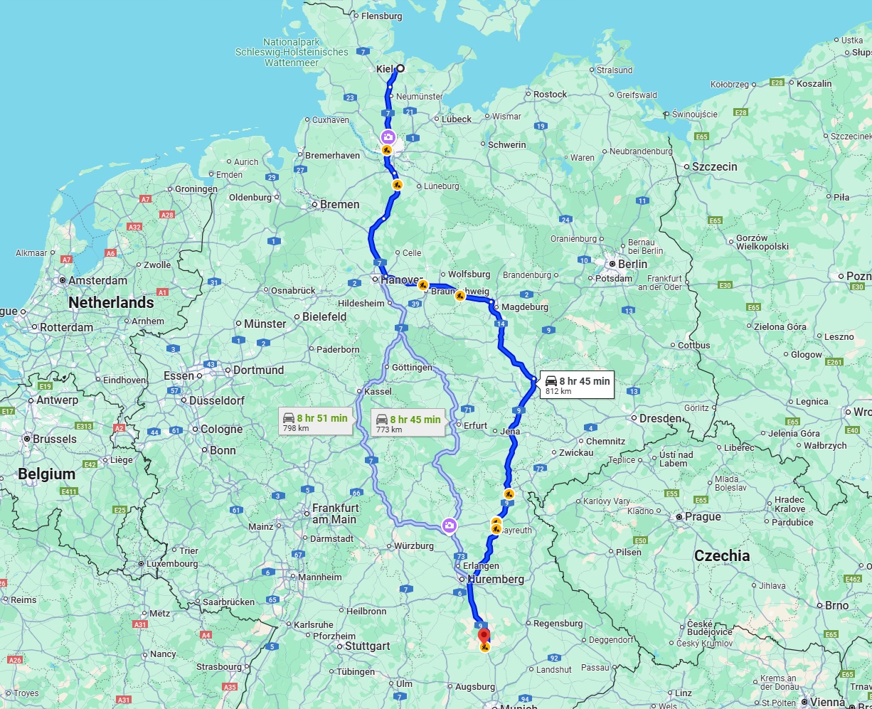 Anreise von Kiel Zu Ingolstadt Über via A7 and A9