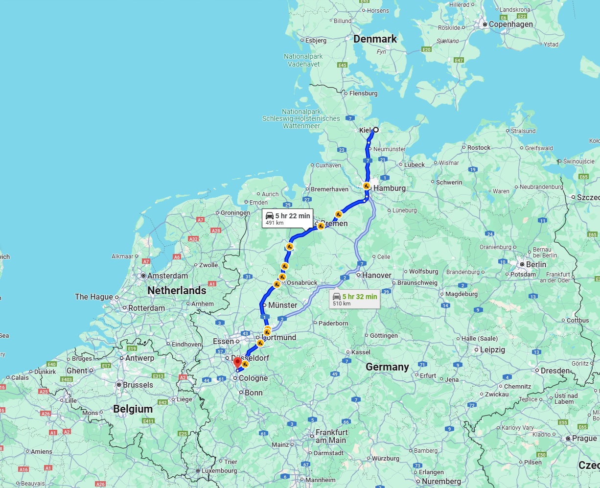 Anreise von Kiel Zu Leverkusen Über via A1
