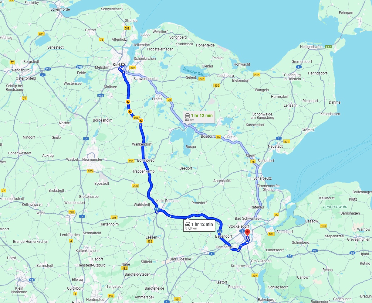 Anreise von Kiel Zu Lübeck Über via A21 and A20