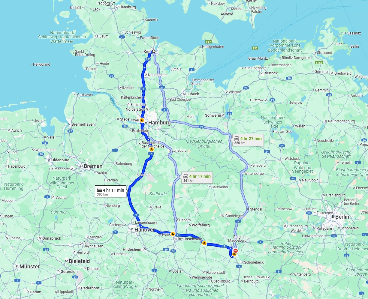 Anreise von Kiel Zu Magdeburg Über via A7 and A2