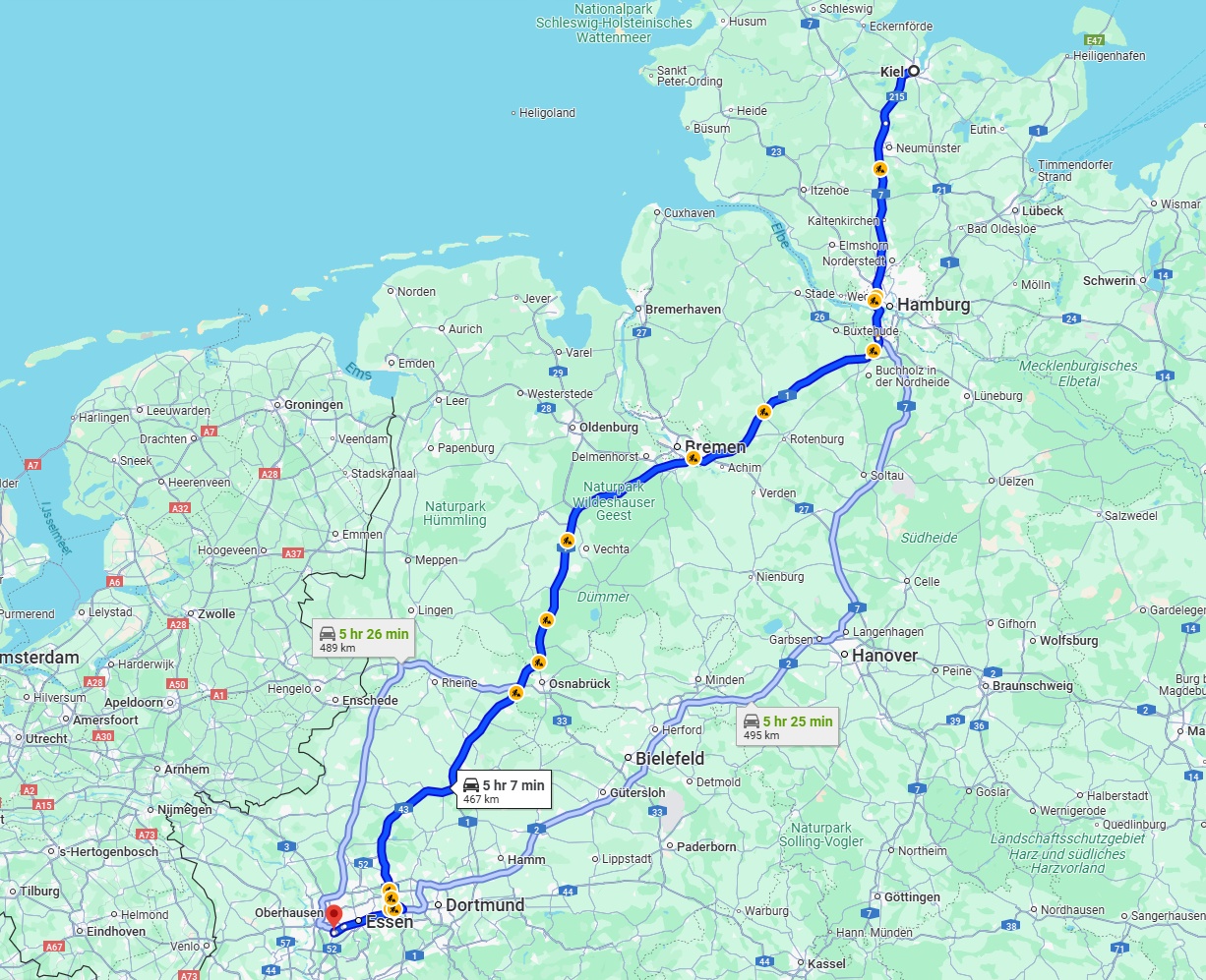 Anreise von Kiel Zu Mülheim an der Ruhr Über via A1