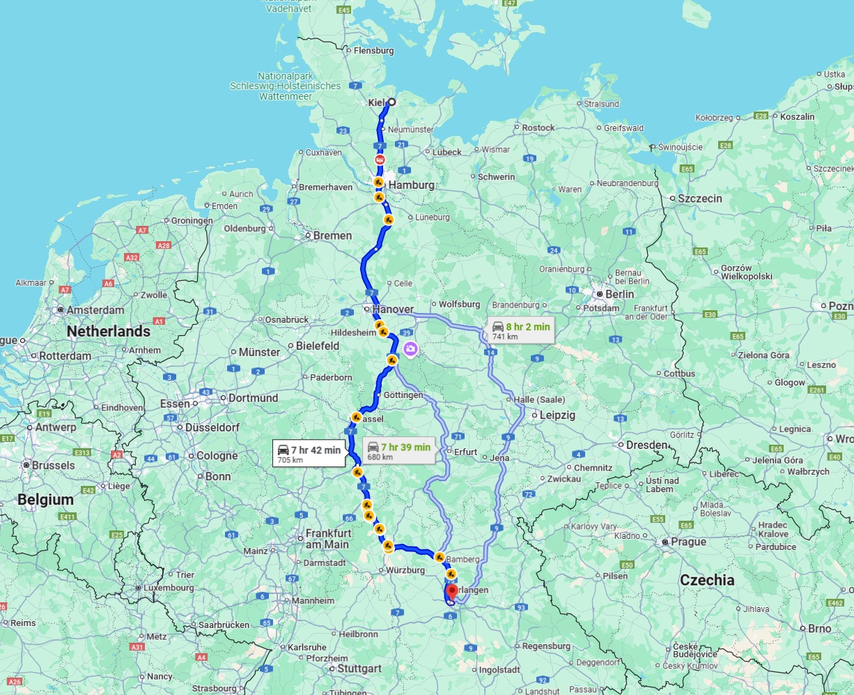 Anreise von Kiel Zu Nürnberg Über via A7