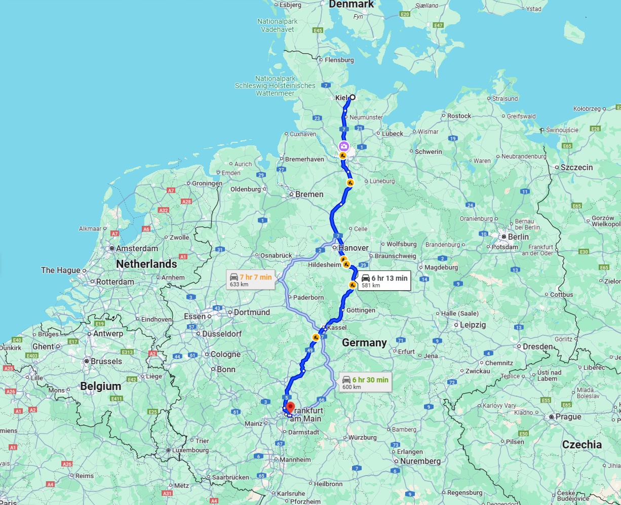 Anreise von Kiel Zu Offenbach am Main Über via A7