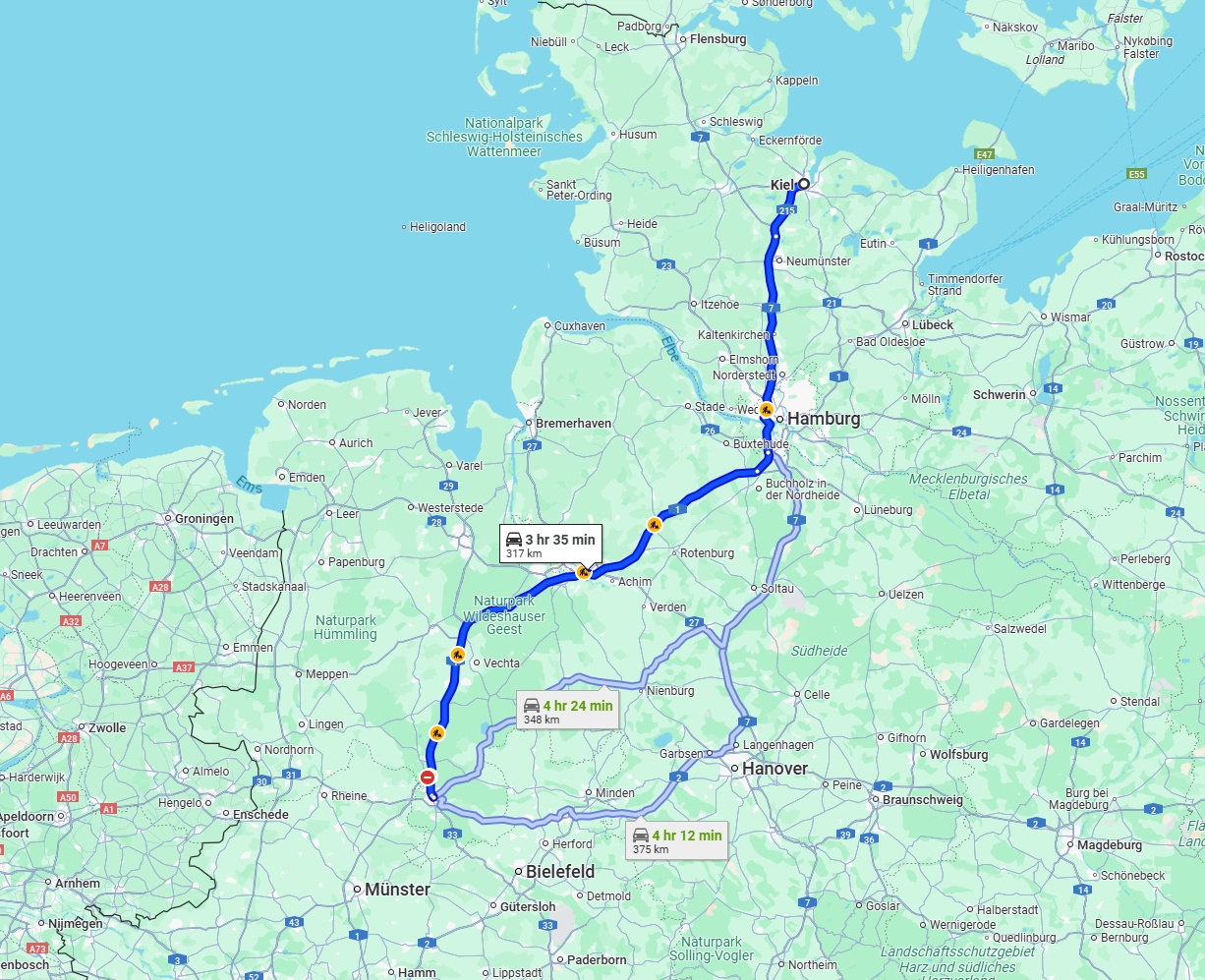 Anreise von Kiel Zu Osnabrück Über via A7 and A1