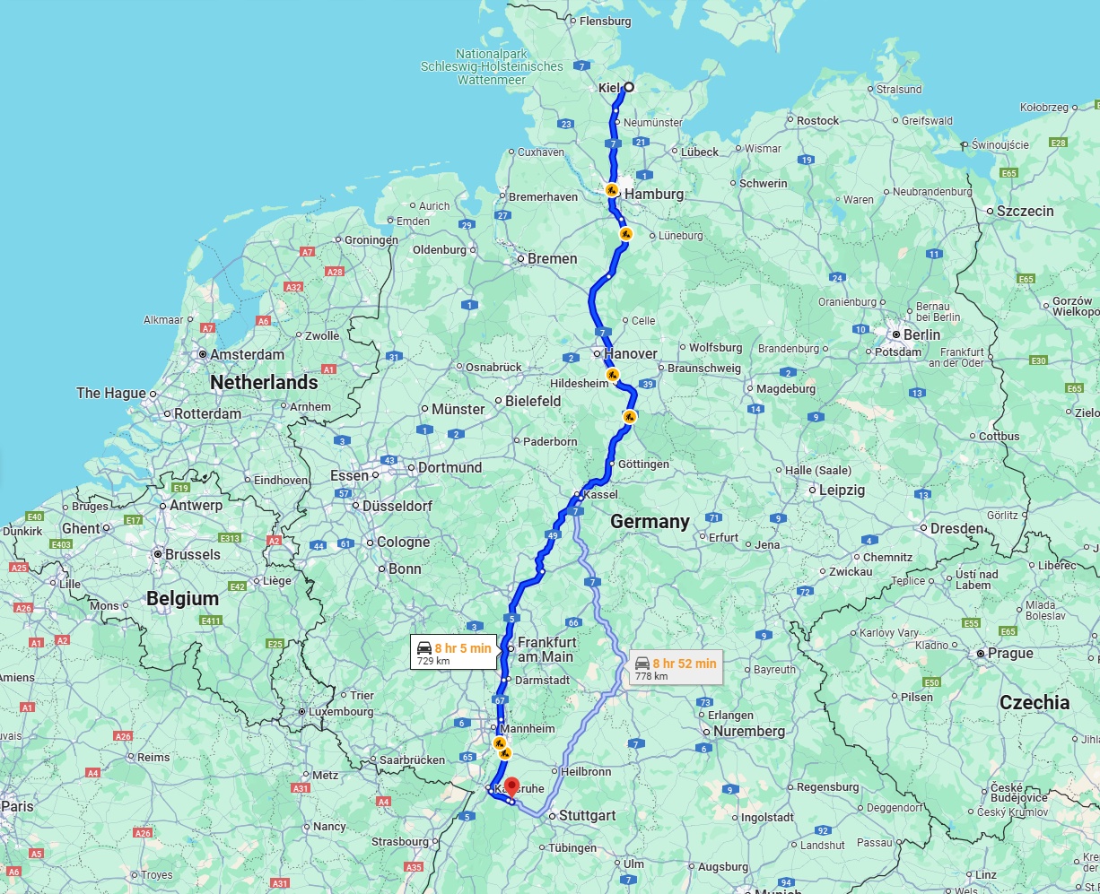Anreise von Kiel Zu Pforzheim Über via A7