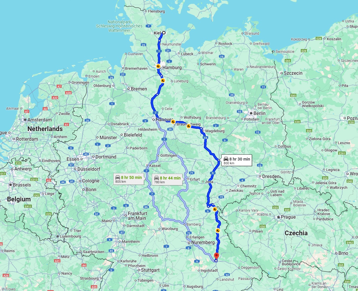 Anreise von Kiel Zu Regensburg Über via A7