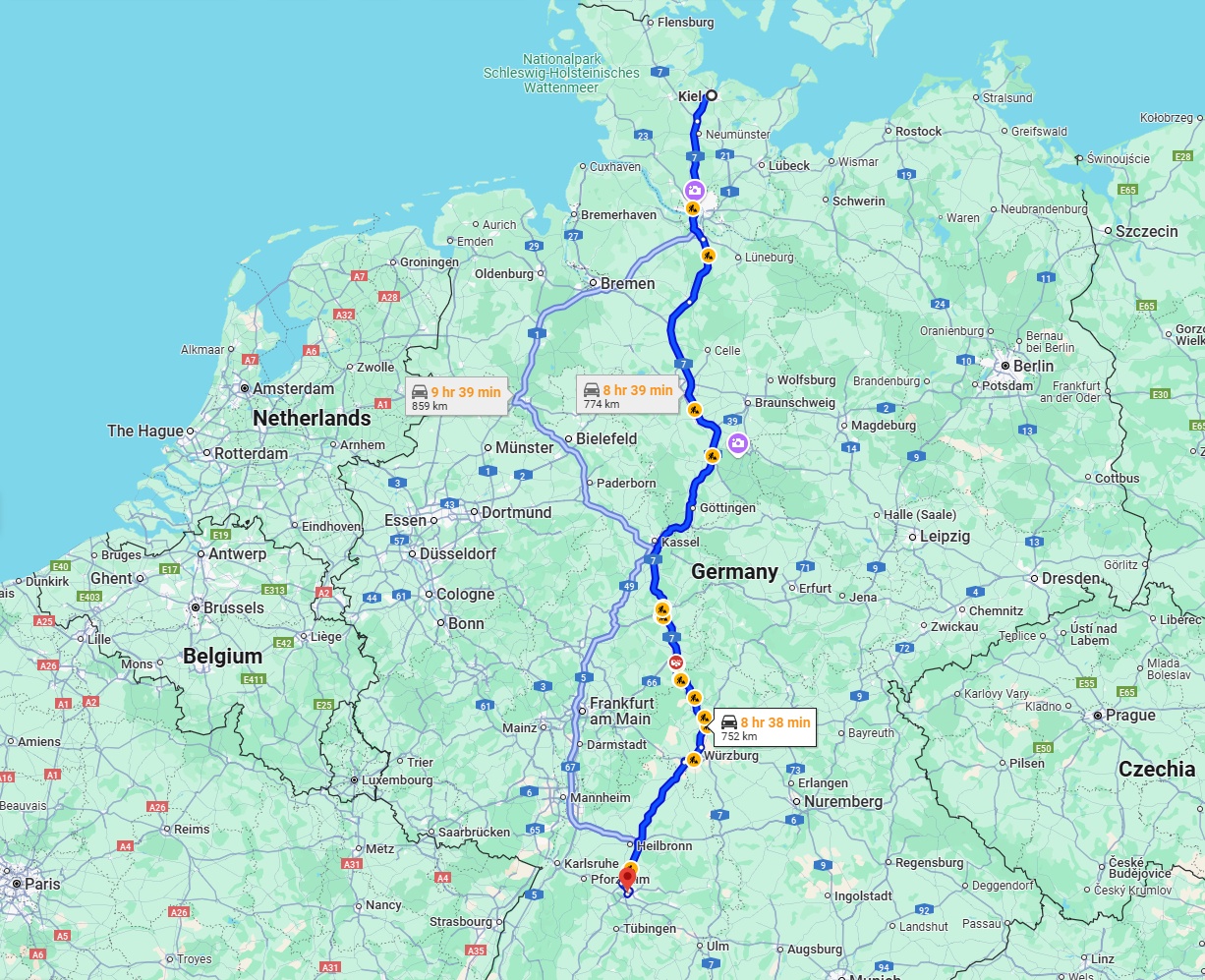 Anreise von Kiel Zu Stuttgart Über via A7