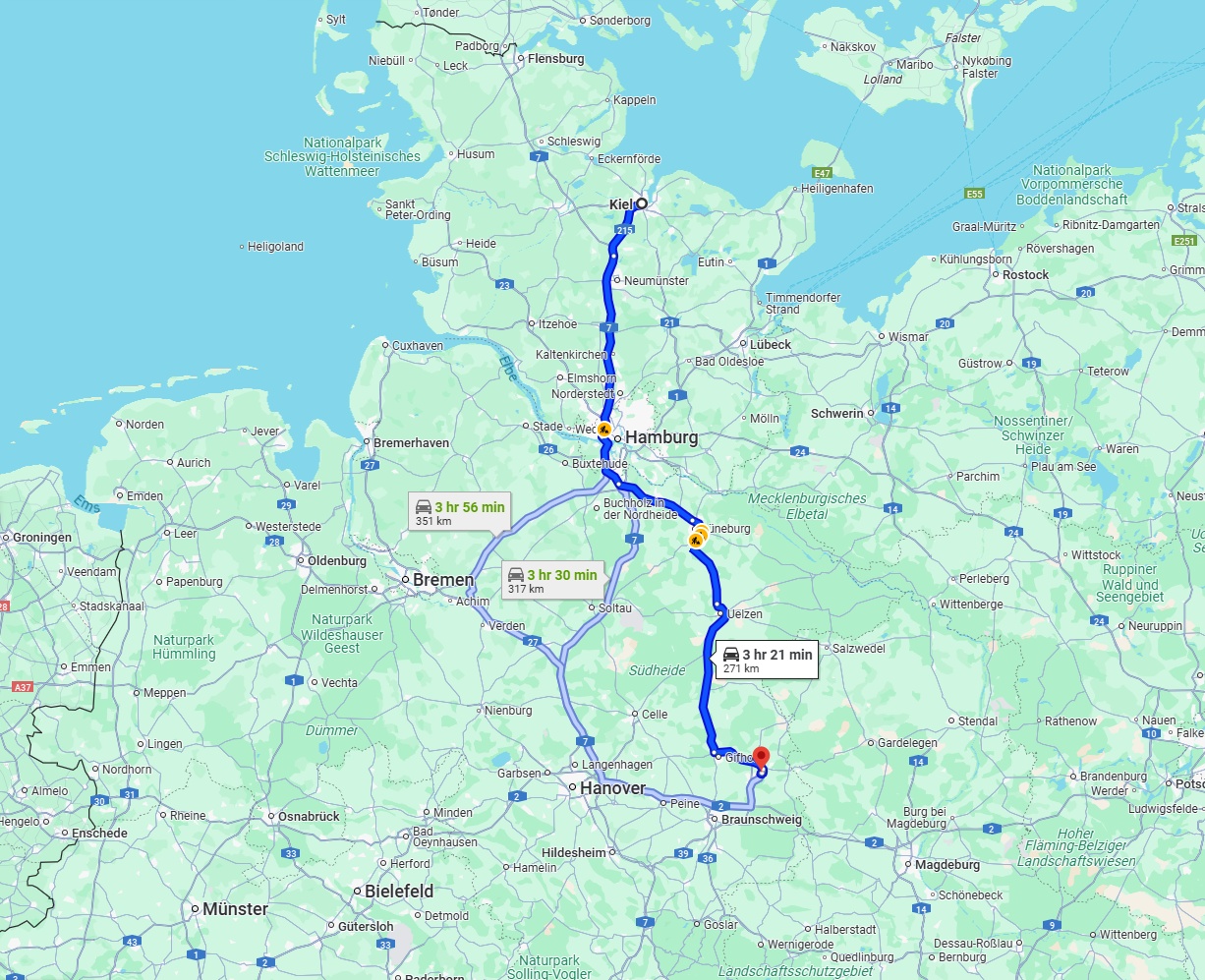 Anreise von Kiel Zu Wolfsburg Über via A7 and B4
