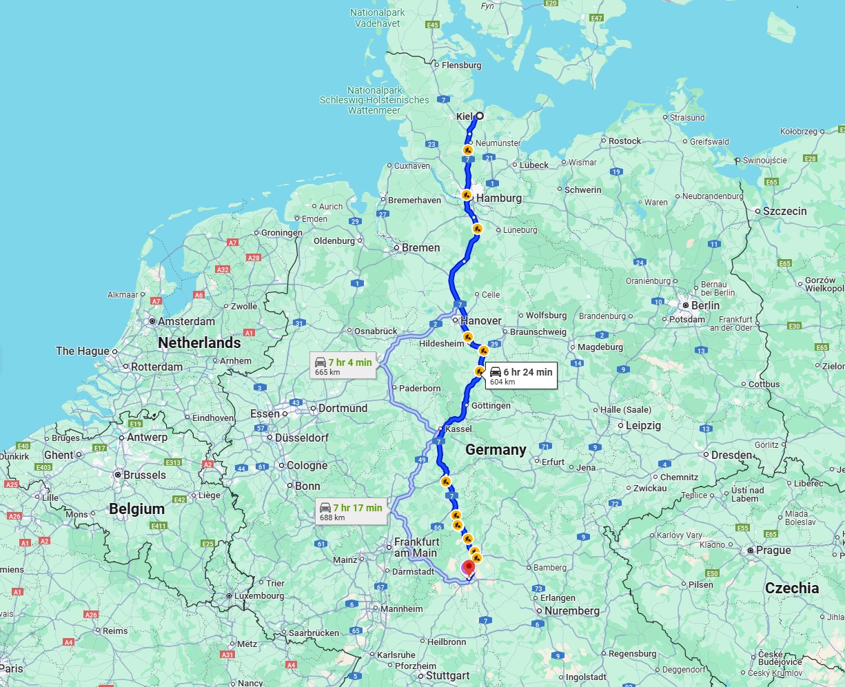 Anreise von Kiel Zu Würzburg Über via A7