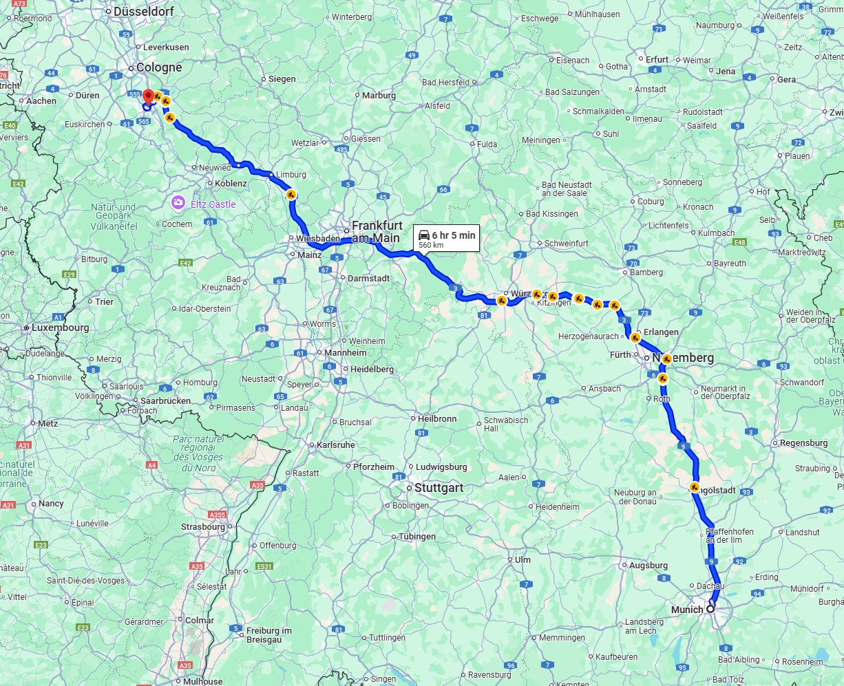 Anreise von München Zu Bonn Über via A9 and A3