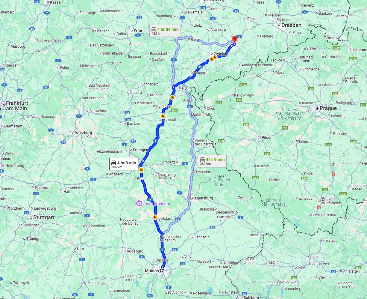 Anreise von München Zu Chemnitz Über via A9 and A72