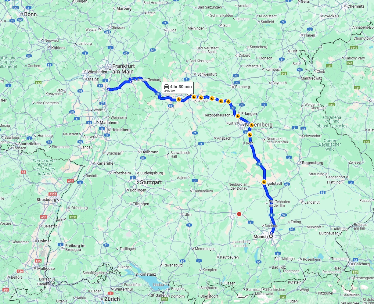 Anreise von München Zu Darmstadt Über via A9 and A3