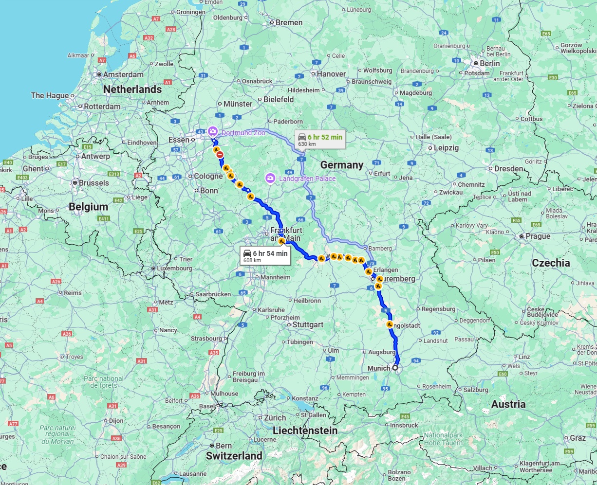 Anreise von München Zu Dortmund Über via A9, A3 and A45