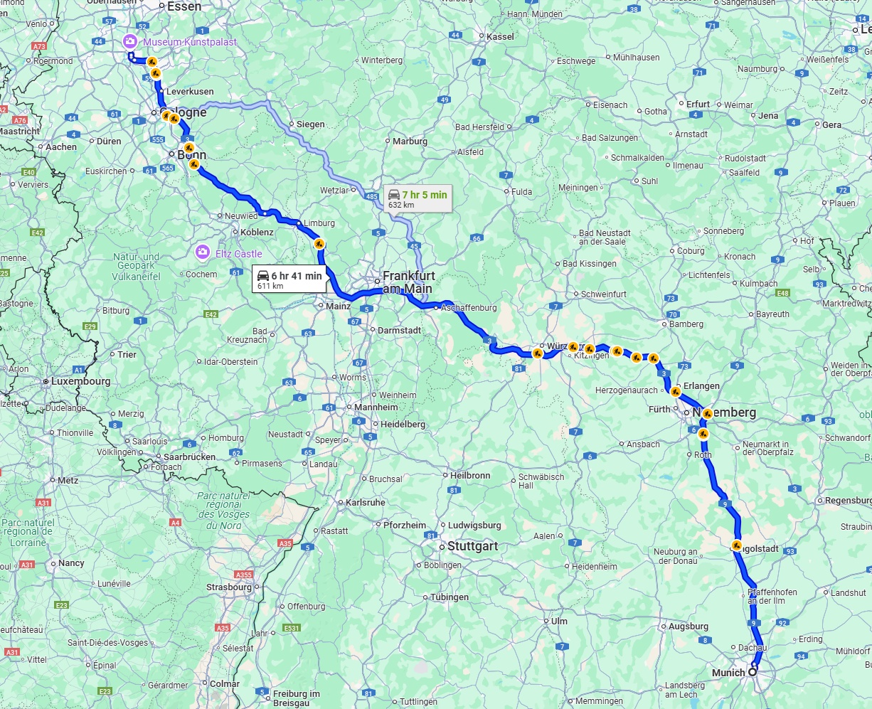 Anreise von München Zu Düsseldorf Über via A9 and A3