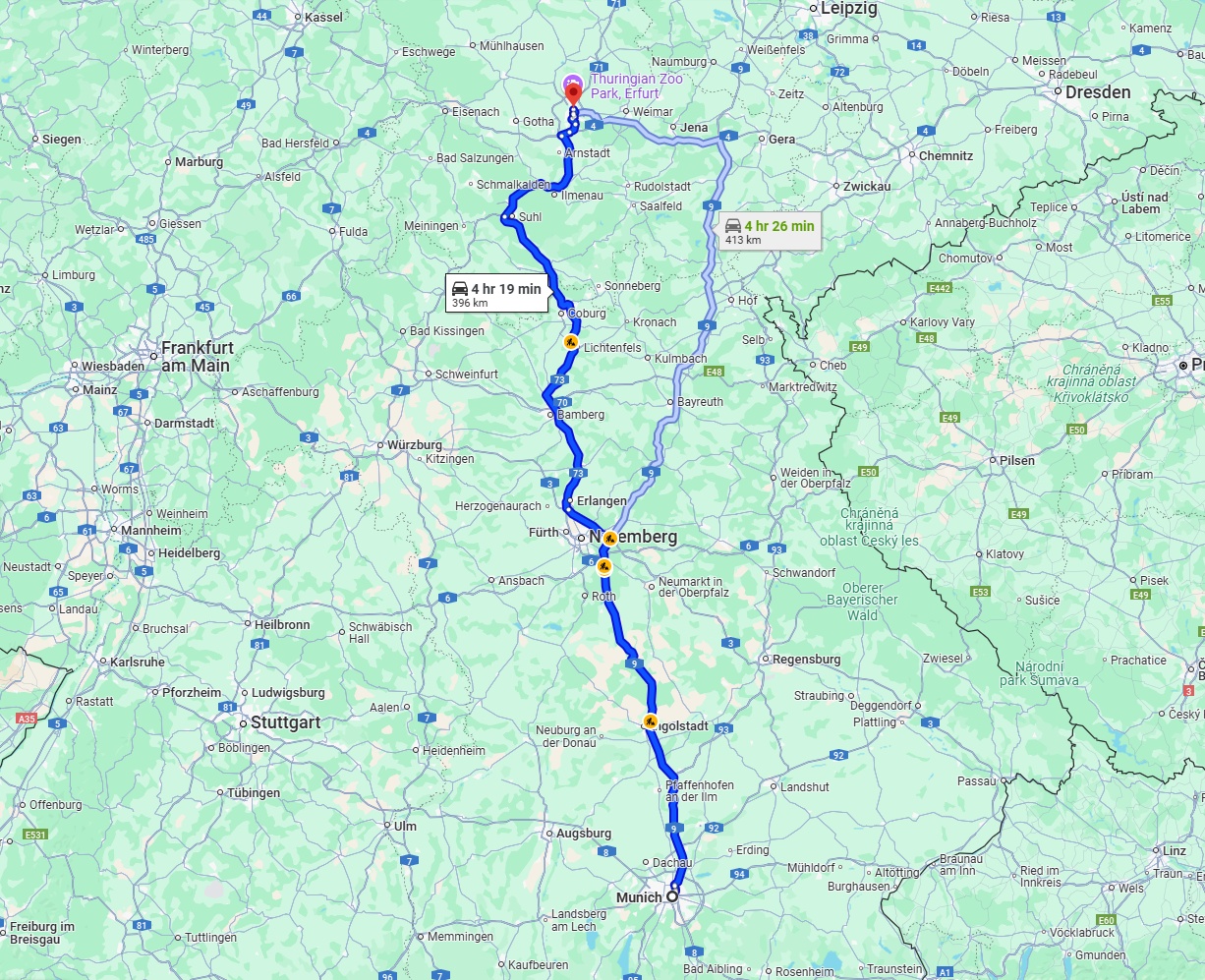 Anreise von München Zu Erfurt Über via A9 and A73