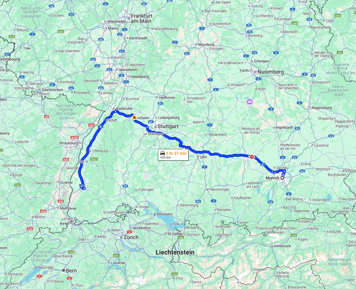 Anreise von München Zu Freiburg im Breisgau Über via A8 and A5