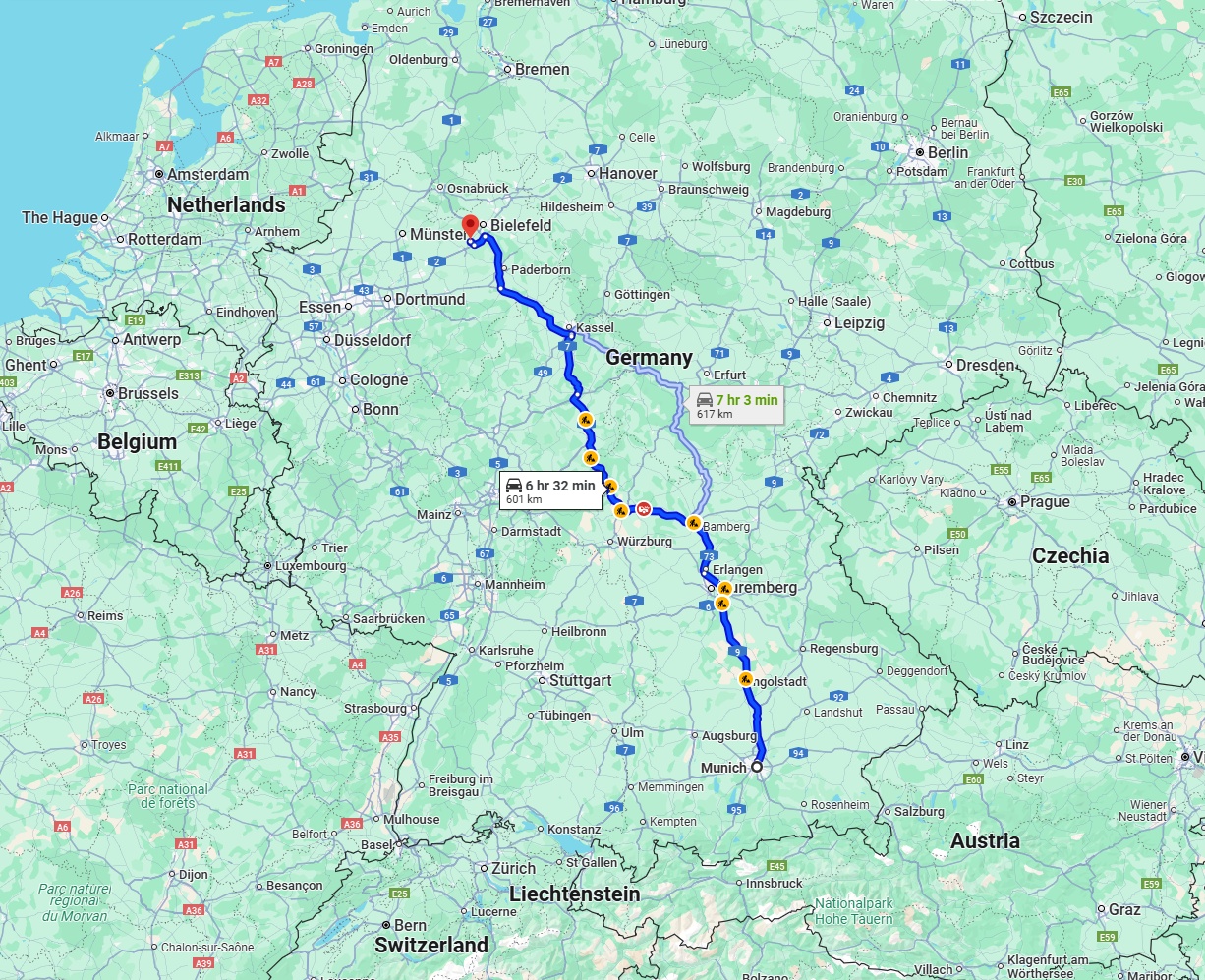 Anreise von München Zu Gütersloh Über via A9 and A7