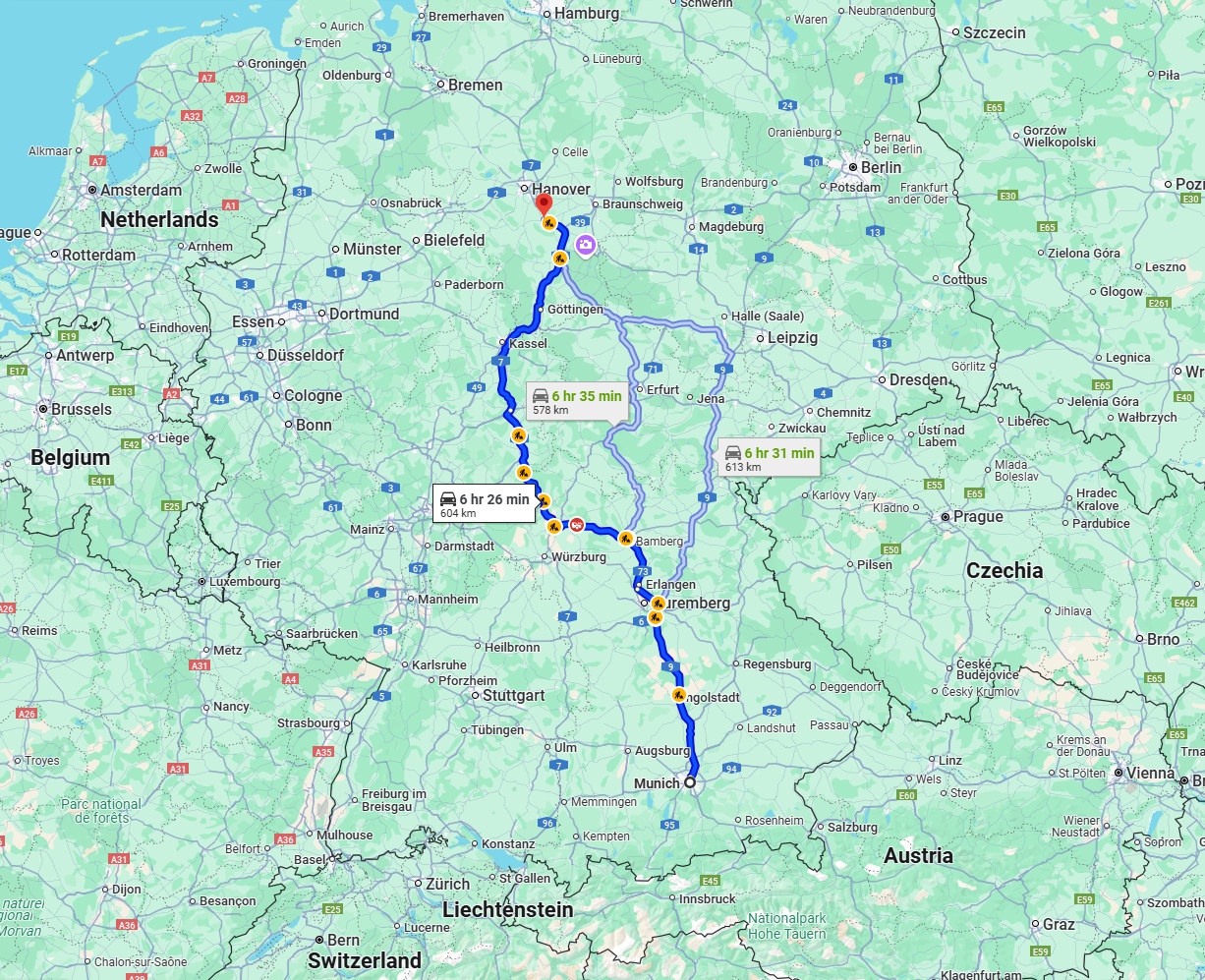 Anreise von München Zu Hildesheim Über via A9 and A7