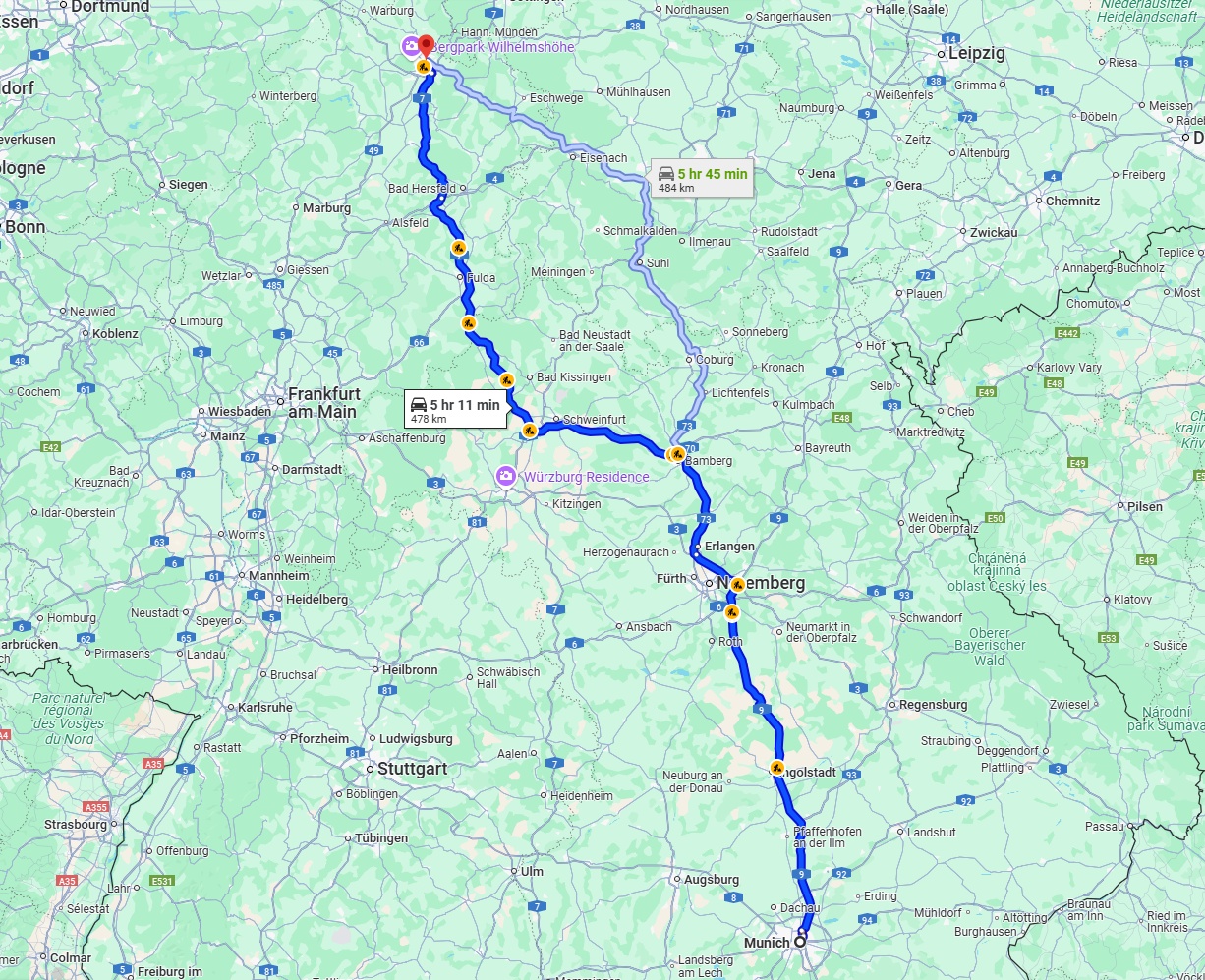 Anreise von München Zu Kassel Über via A9 and A7