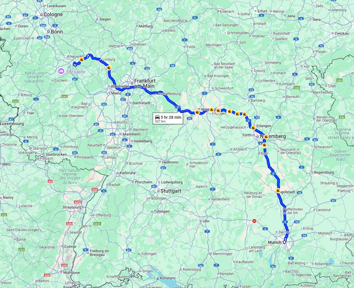 Anreise von München Zu Koblenz Über via A9 and A3