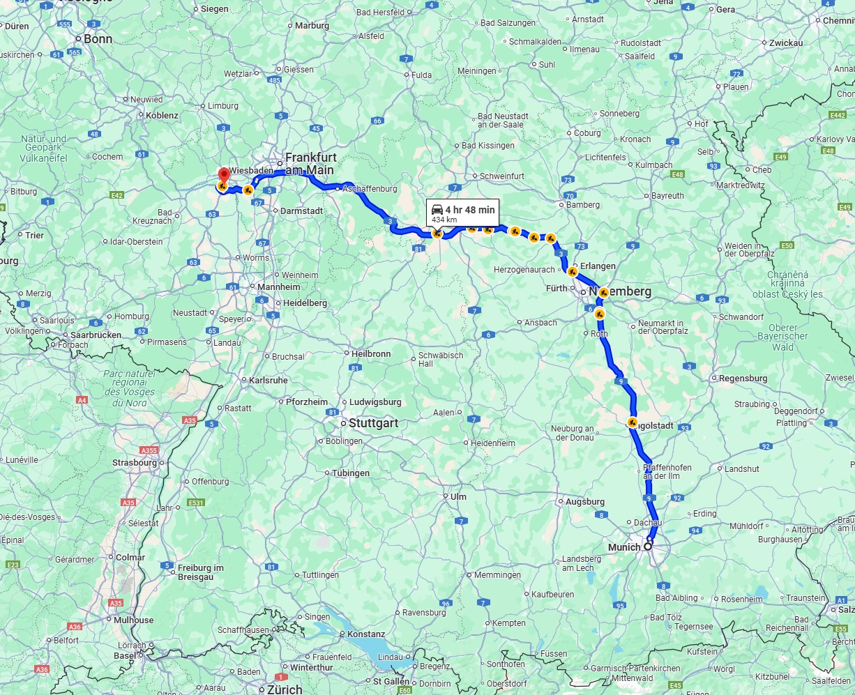 Anreise von München Zu Mainz Über via A9 and A3