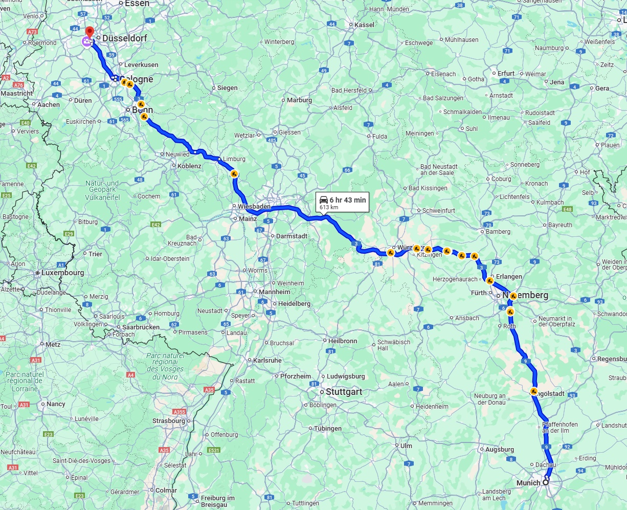 Anreise von München Zu Neuss Über via A9 and A3