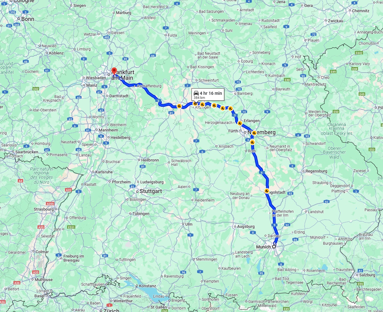 Anreise von München Zu Offenbach am Main Über via A9 and A3